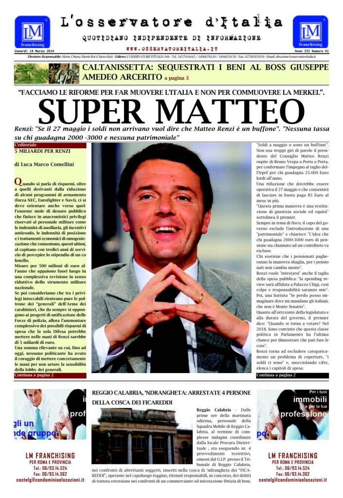 L'osservatore d'Italia edizione del 14 Marzo 2014